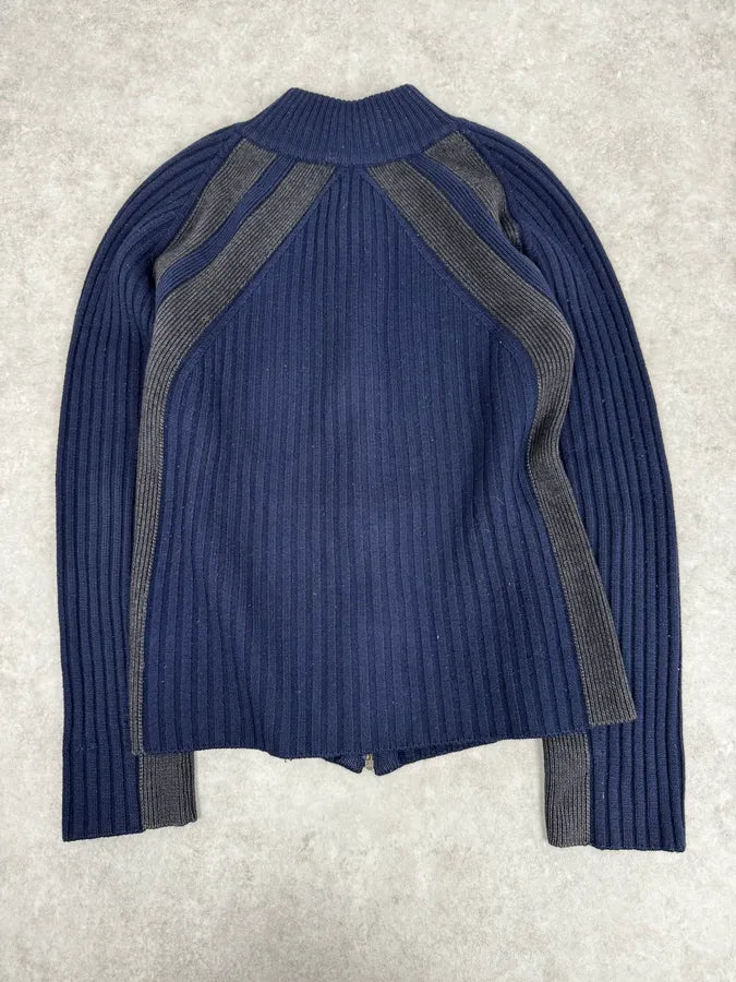 2000s Dolce & Gabbana Navy Grey Lines Turtle Neck Wool Zip-Up hoVqwYY 1