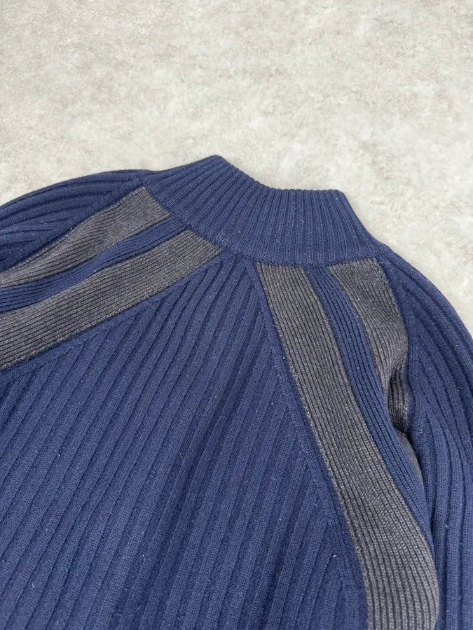 2000s Dolce & Gabbana Navy Grey Lines Turtle Neck Wool Zip-Up hoVqwYY 3