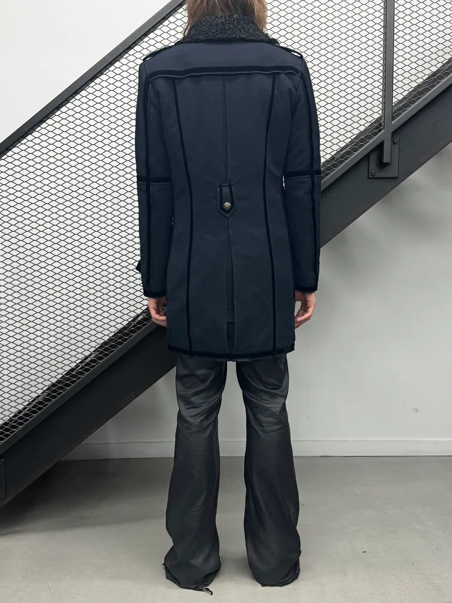 AW2009 Dolce & Gabbana Navy Royal Fur Collar Buttoned Long Coat nDmLUJp 4