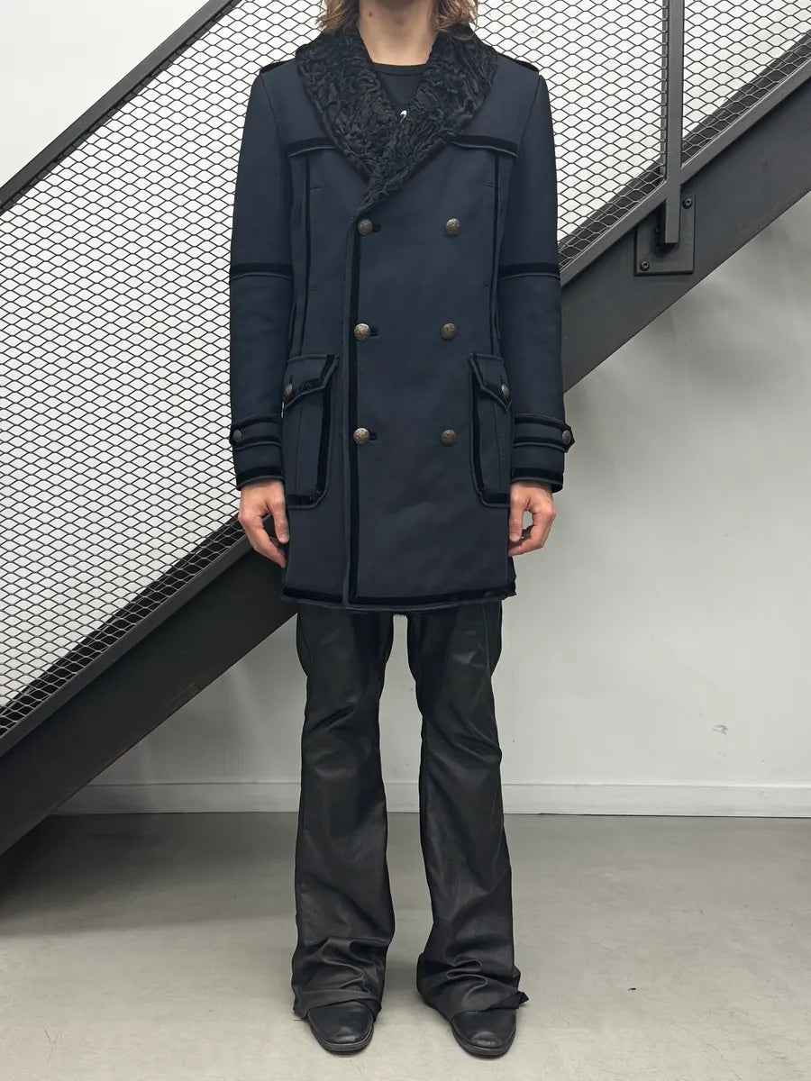 AW2009 Dolce & Gabbana Navy Royal Fur Collar Buttoned Long Coat nDmLUJp 3