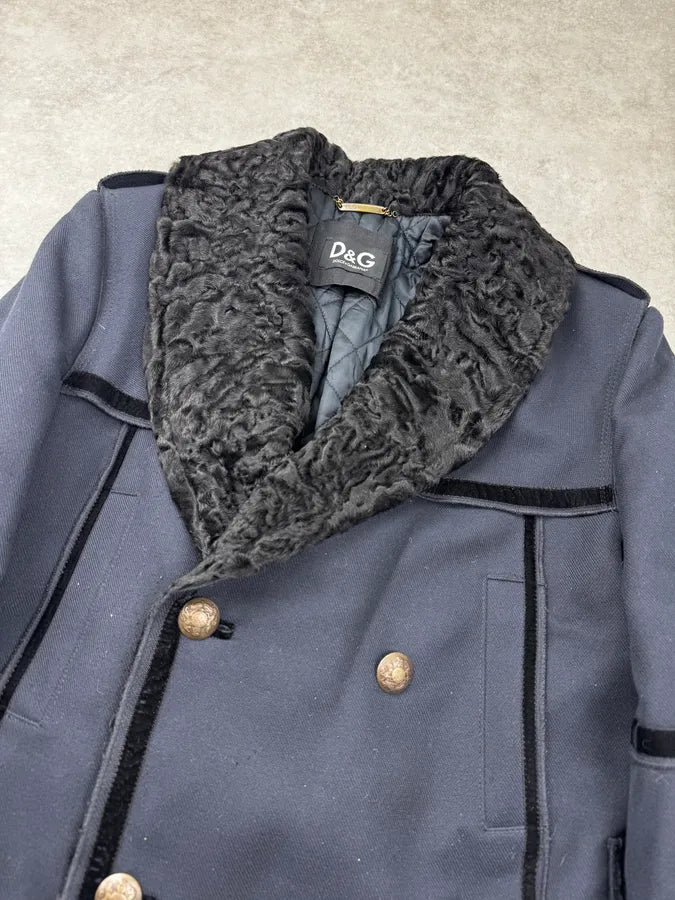 AW2009 Dolce & Gabbana Navy Royal Fur Collar Buttoned Long Coat nDmLUJp 5