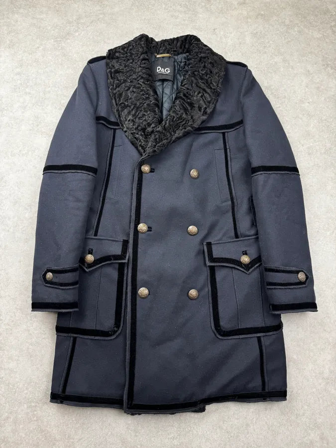 AW2009 Dolce & Gabbana Navy Royal Fur Collar Buttoned Long Coat nDmLUJp 0