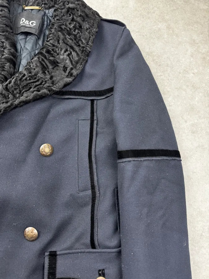 AW2009 Dolce & Gabbana Navy Royal Fur Collar Buttoned Long Coat nDmLUJp 8