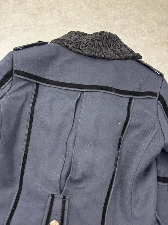 AW2009 Dolce & Gabbana Navy Royal Fur Collar Buttoned Long Coat nDmLUJp 6