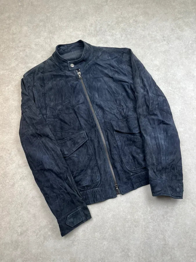 2010s Dolce & Gabbana Navy Suede Zip Motorcycle Leather Jacket CNBJiUe 3
