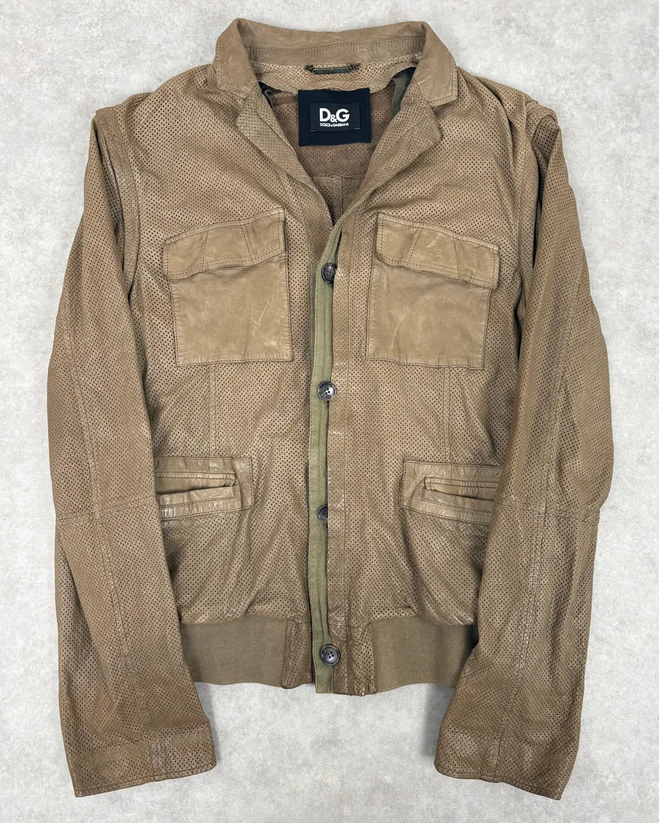 FW2005 Dolce & Gabbana Perfored Army Brown Leather Jacket dsEYbLa 0