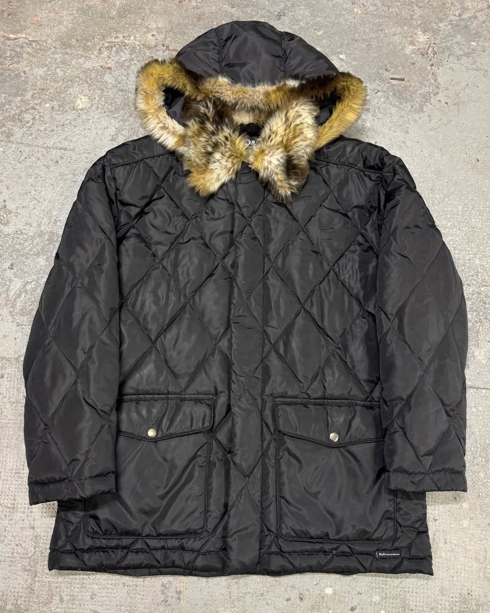 2000s Dolce & Gabbana Puffer Hooded Fur Black Jacket OontcDZ 0