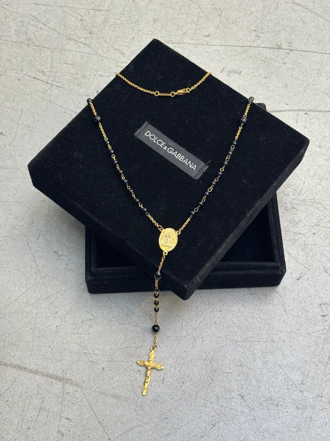Dolce & Gabbana Rosary Cross Gold & Black Necklace IjDisjI 0