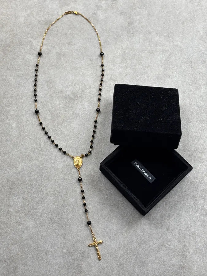 SS2015 Dolce & Gabbana Rosary Cross Gold & Black Necklace wQxRAdd 1
