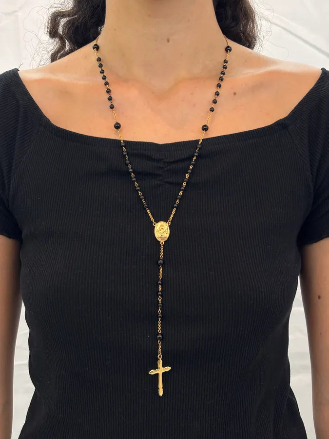 SS2015 Dolce & Gabbana Rosary Cross Gold & Black Necklace wQxRAdd 2