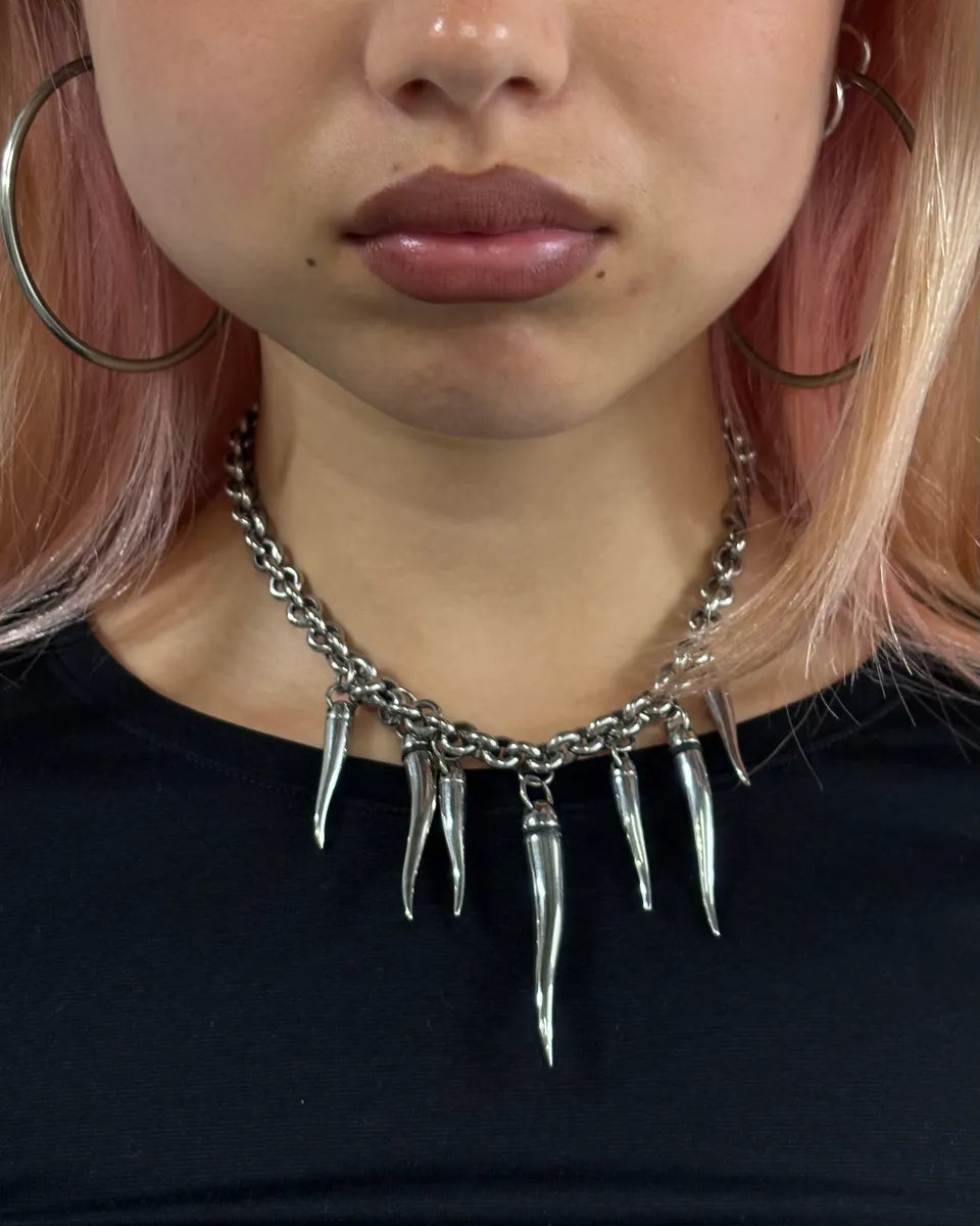 2000s Dolce & Gabbana Silver Grey Metal Spike Teeth Pendant Necklace BkXkshw 1
