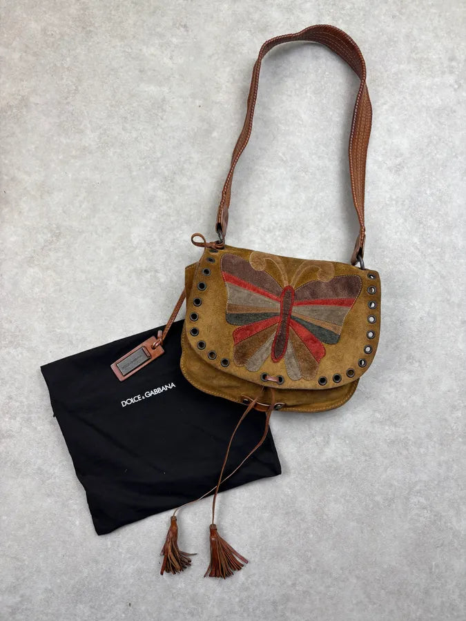 2000s Dolce & Gabbana Tan Suede Leather Butterfly Shoulder Bag lrgBAOr 0