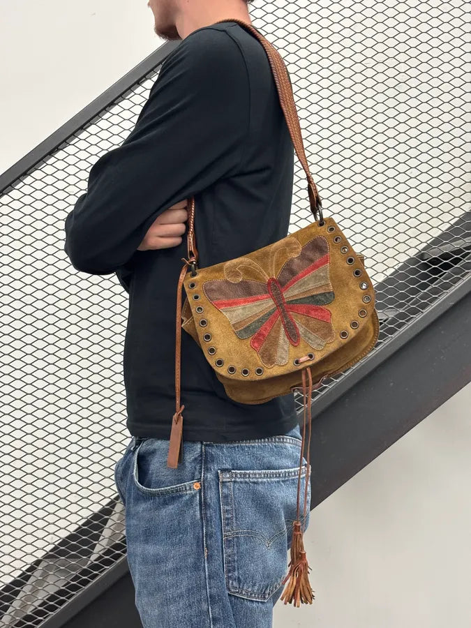 2000s Dolce & Gabbana Tan Suede Leather Butterfly Shoulder Bag lrgBAOr 1