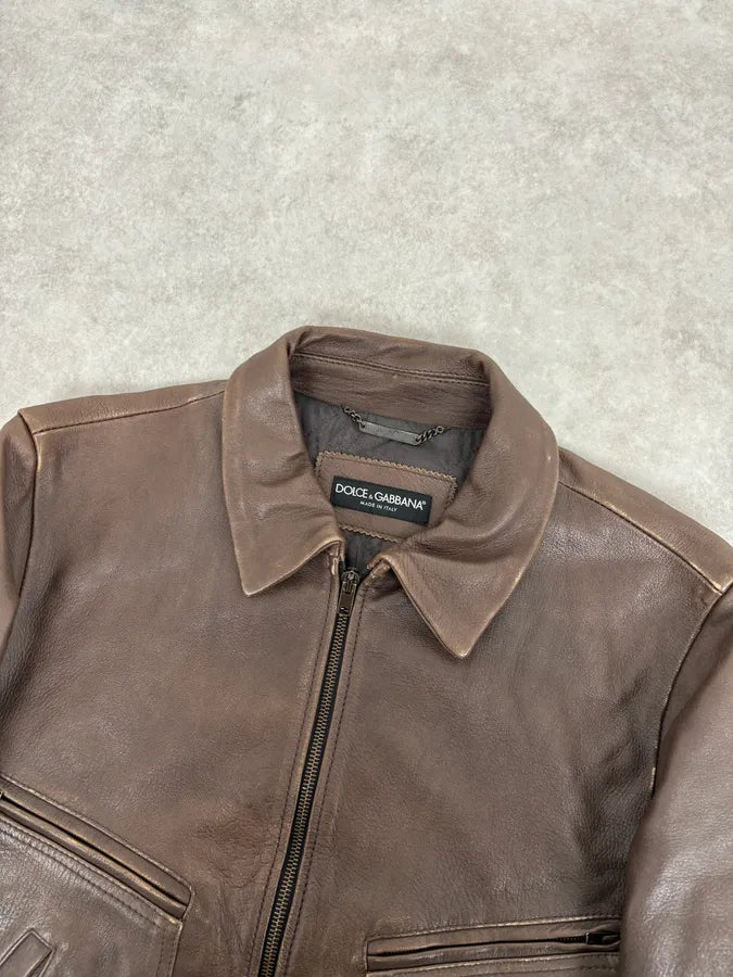 2010s Dolce & Gabbana Brown Taupe Leather Bomber Jacket NYBLKhx 3