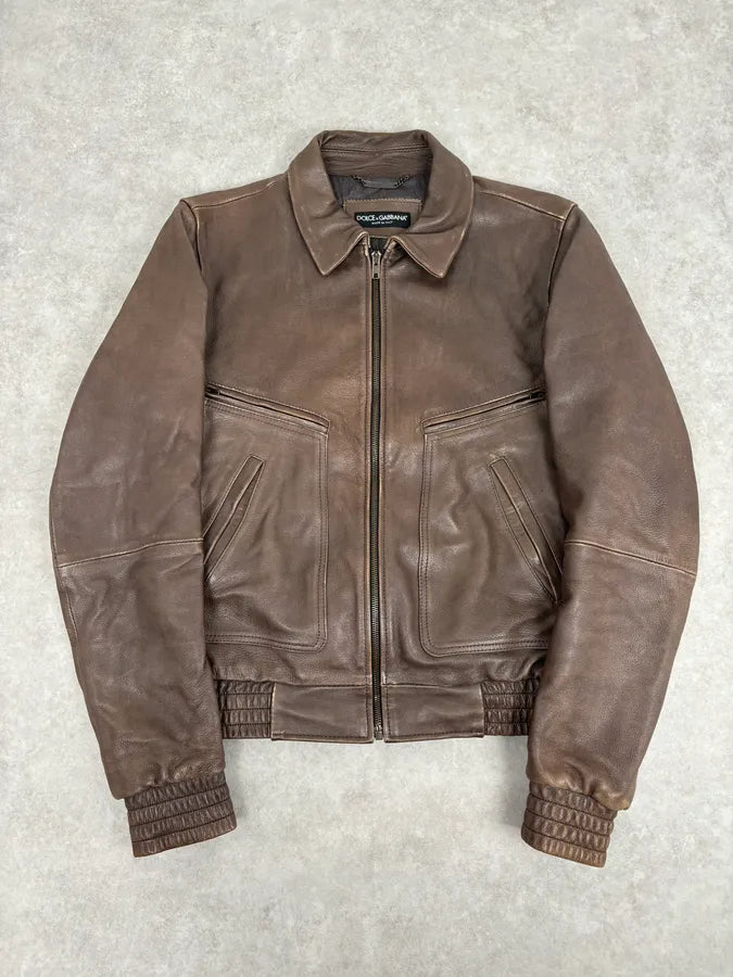 2010s Dolce & Gabbana Brown Taupe Leather Bomber Jacket NYBLKhx 0