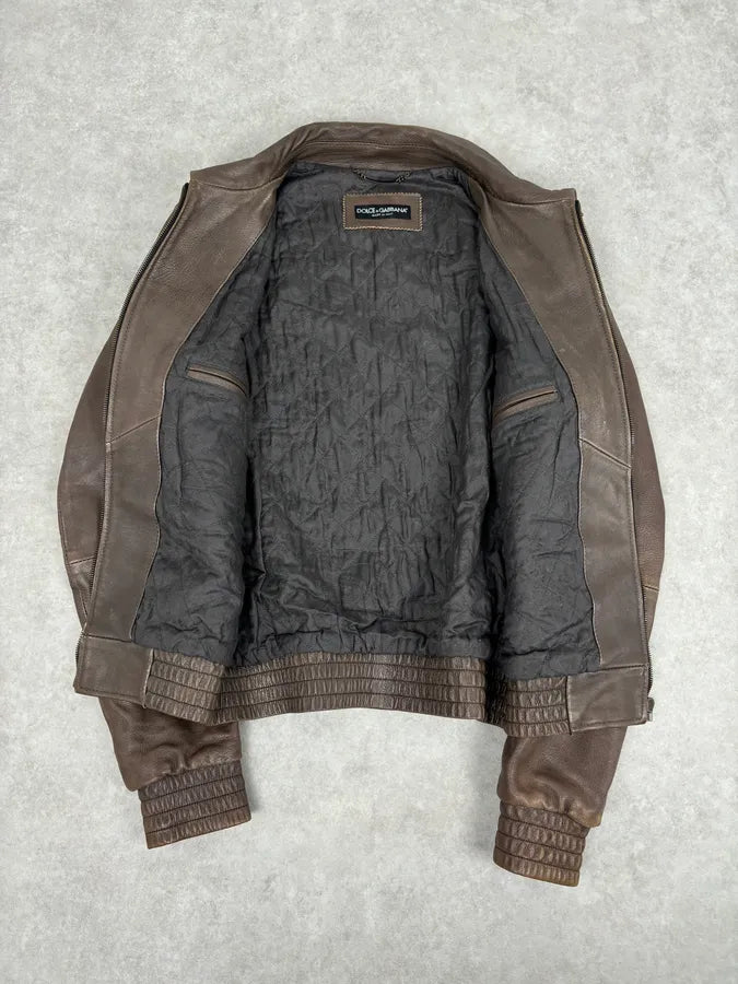 2010s Dolce & Gabbana Brown Taupe Leather Bomber Jacket NYBLKhx 6