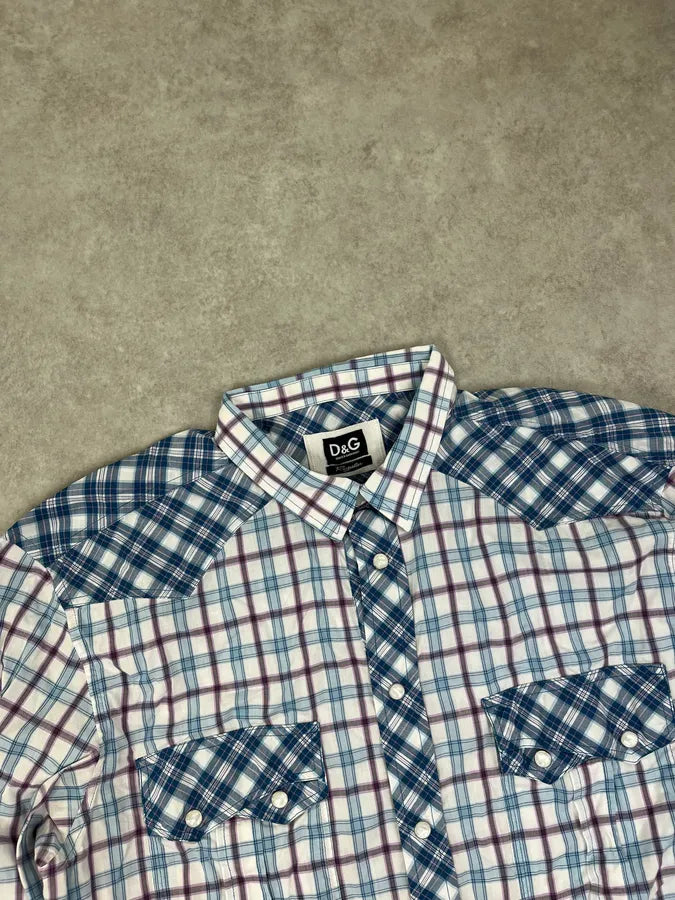 2000s Dolce & Gabbana White & Blue Regular Checkered Shirt  myjwndt 3