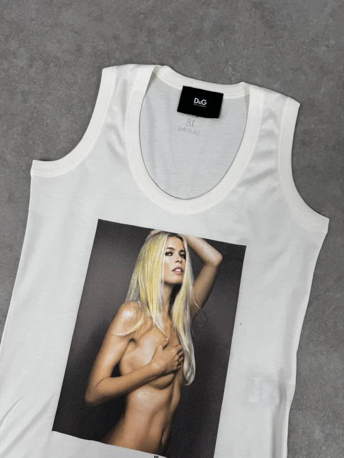 2000s Dolce & Gabbana White Claudia Schiffer Nude Portrait Tank Top bZjlupQ 4
