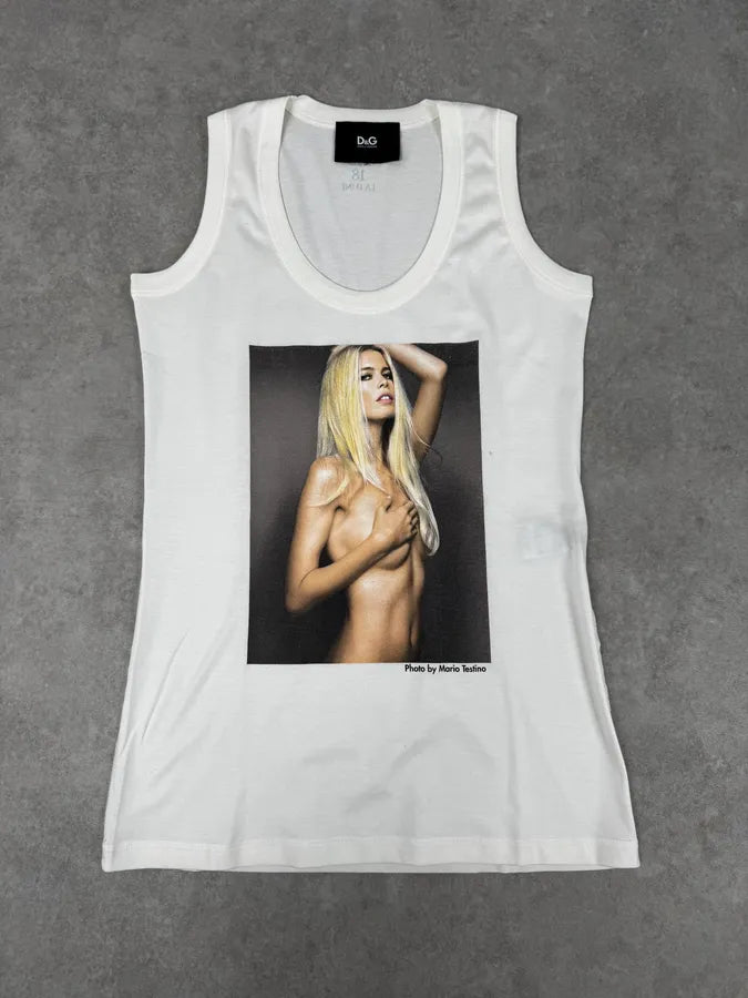2000s Dolce & Gabbana White Claudia Schiffer Nude Portrait Tank Top bZjlupQ 0