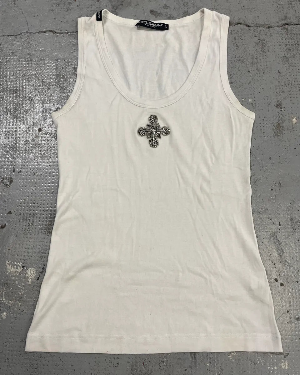 Dolce & Gabbana White Cross Embellished Tank Top osLGtyc 0