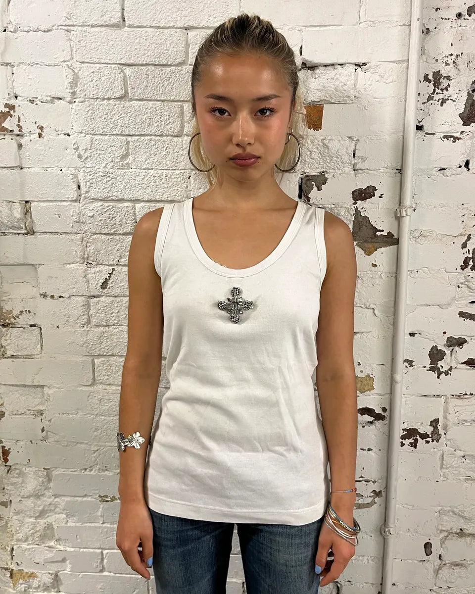 Dolce & Gabbana White Cross Embellished Tank Top osLGtyc 1