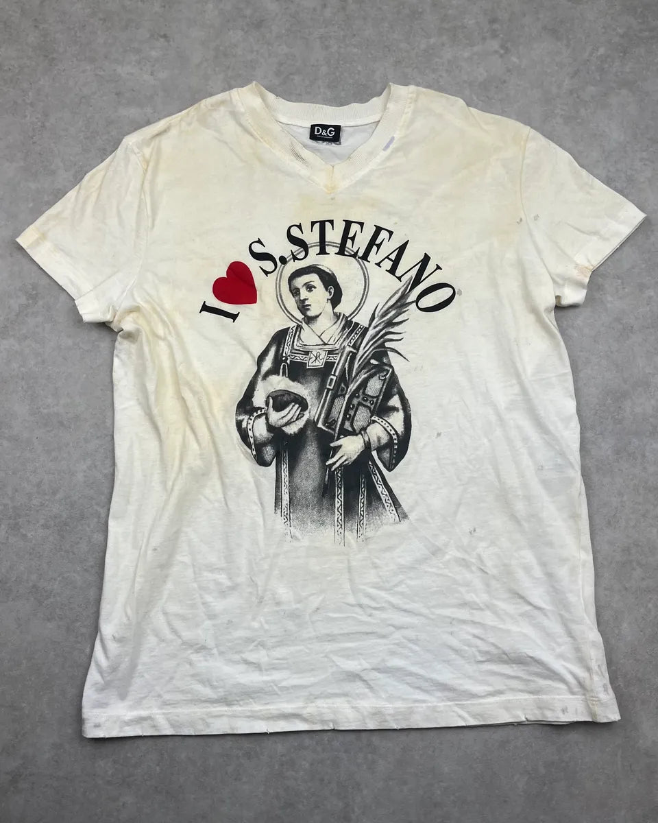 2000s Dolce & Gabbana White Holy Stefano Dirty Effect T-Shirt eRwPfLi 0