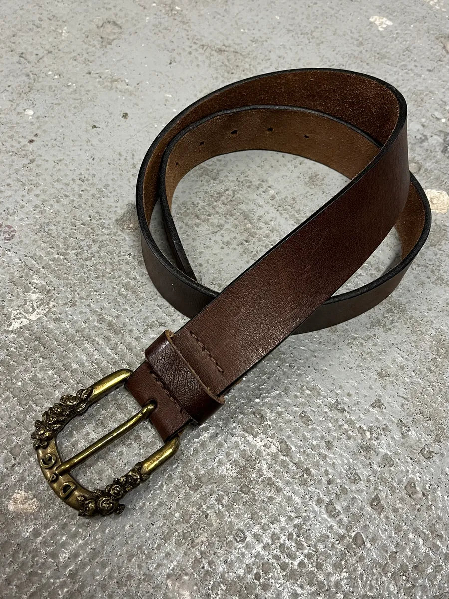 Dolce Gabbana Floral Gold Buckle Brown Leather Belt (OS) (OS) 0