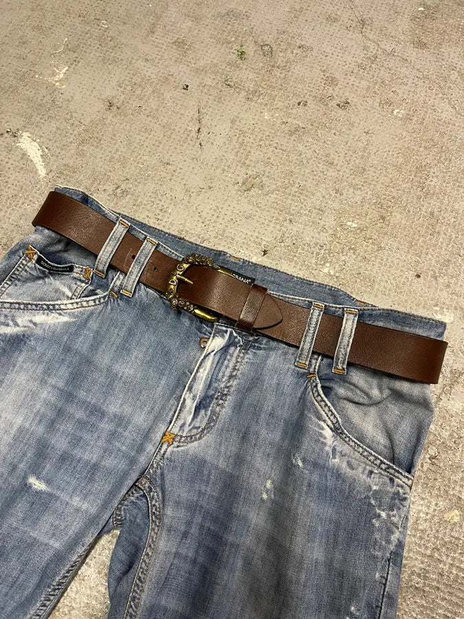 Dolce Gabbana Floral Gold Buckle Brown Leather Belt (OS) (OS) 2