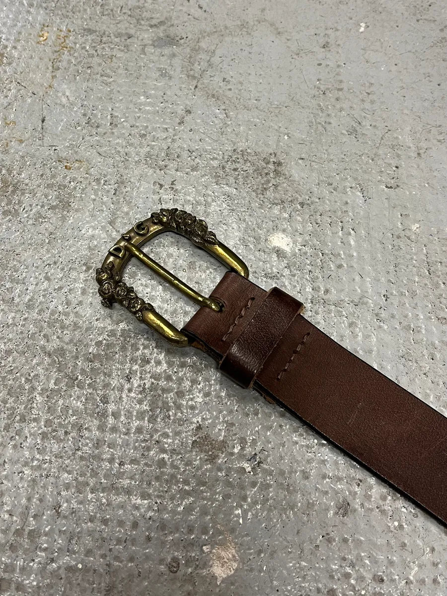 Dolce Gabbana Floral Gold Buckle Brown Leather Belt (OS) (OS) 4