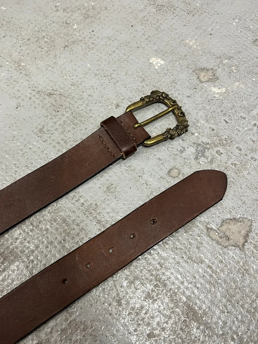 Dolce Gabbana Floral Gold Buckle Brown Leather Belt (OS) (OS) 6