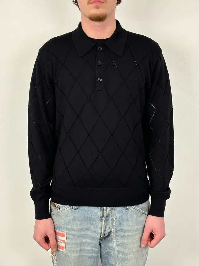 Dries van Noten Black Merino Wool Ladder Stitch Polo Sweater wYbrpts 1