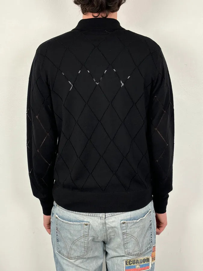 Dries van Noten Black Merino Wool Ladder Stitch Polo Sweater wYbrpts 2