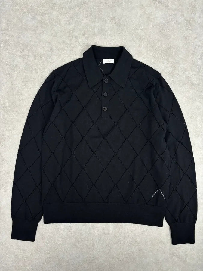 Dries van Noten Black Merino Wool Ladder Stitch Polo Sweater wYbrpts 0