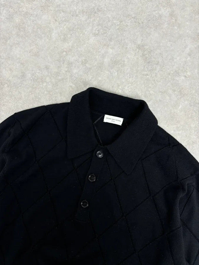 Dries van Noten Black Merino Wool Ladder Stitch Polo Sweater wYbrpts 3