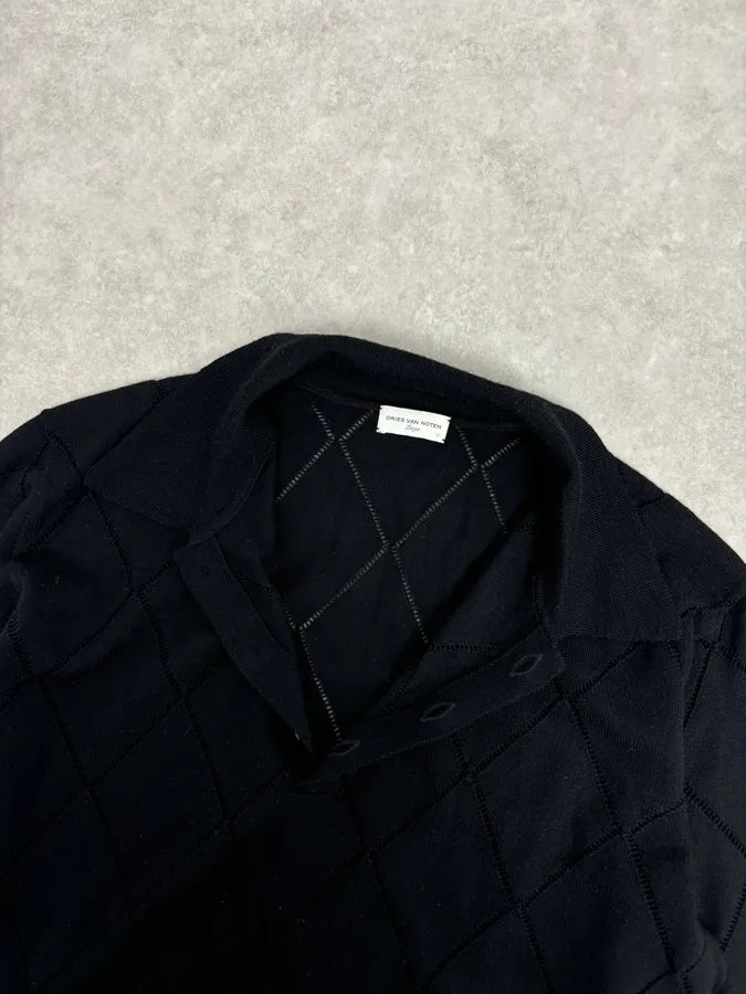 Dries van Noten Black Merino Wool Ladder Stitch Polo Sweater wYbrpts 4