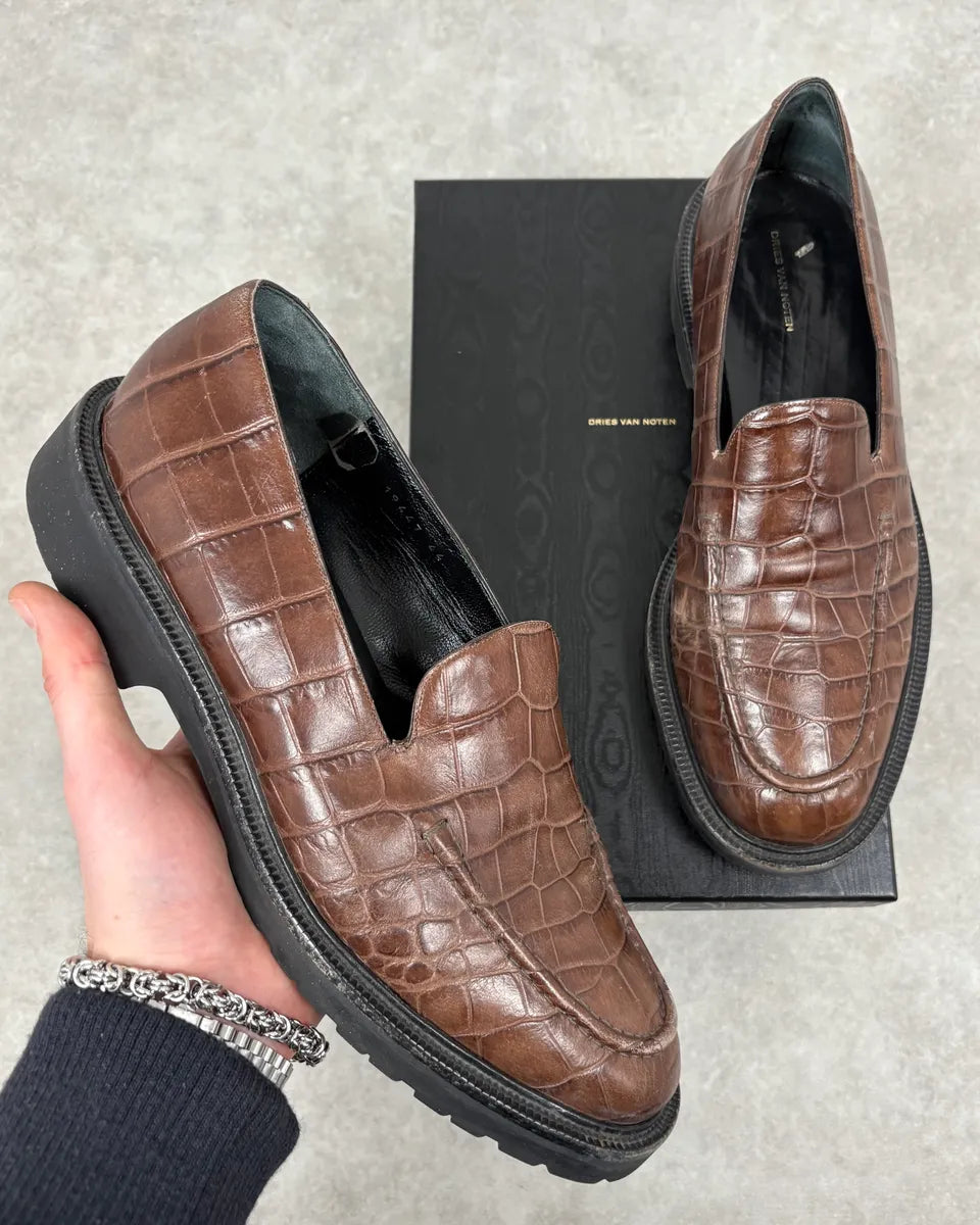 Dries Van Noten Brown Crocodile Effect Leather Loafers WUkxXQV 0