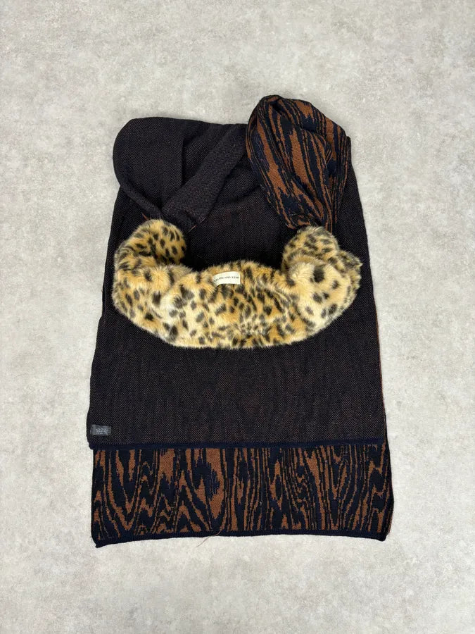 Dries Van Noten Brown Knit Scarf Faux Fur Leopard Collar AeiRdya 3