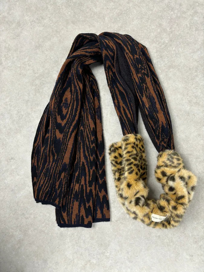 Dries Van Noten Brown Knit Scarf Faux Fur Leopard Collar AeiRdya 4