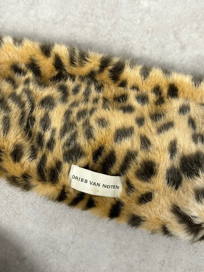 Dries Van Noten Brown Knit Scarf Faux Fur Leopard Collar AeiRdya 7