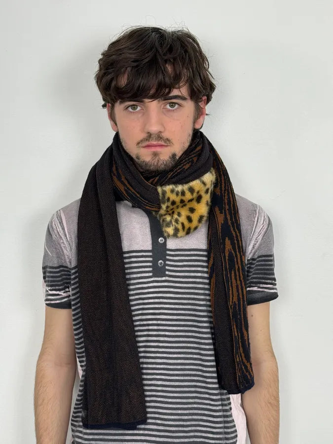 Dries Van Noten Brown Knit Scarf Faux Fur Leopard Collar AeiRdya 1