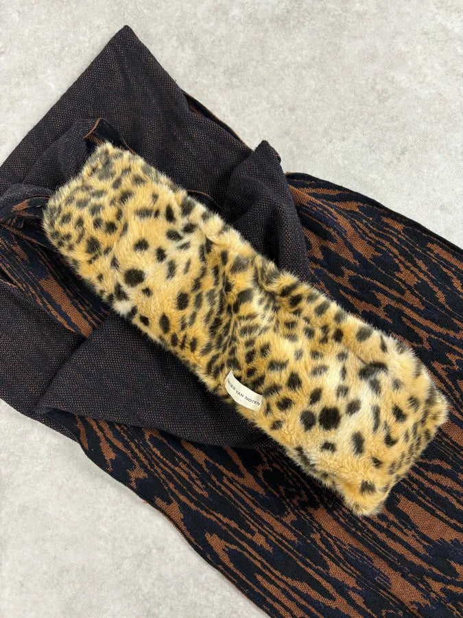 Dries Van Noten Brown Knit Scarf Faux Fur Leopard Collar AeiRdya 5