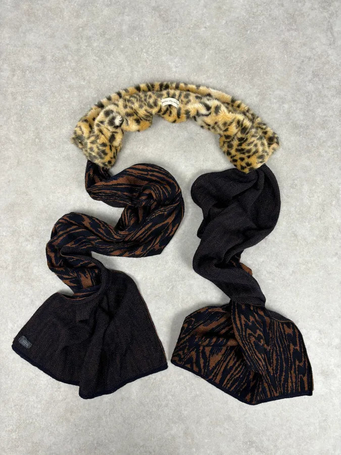 Dries Van Noten Brown Knit Scarf Faux Fur Leopard Collar AeiRdya 0