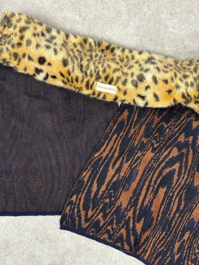 Dries Van Noten Brown Knit Scarf Faux Fur Leopard Collar AeiRdya 9