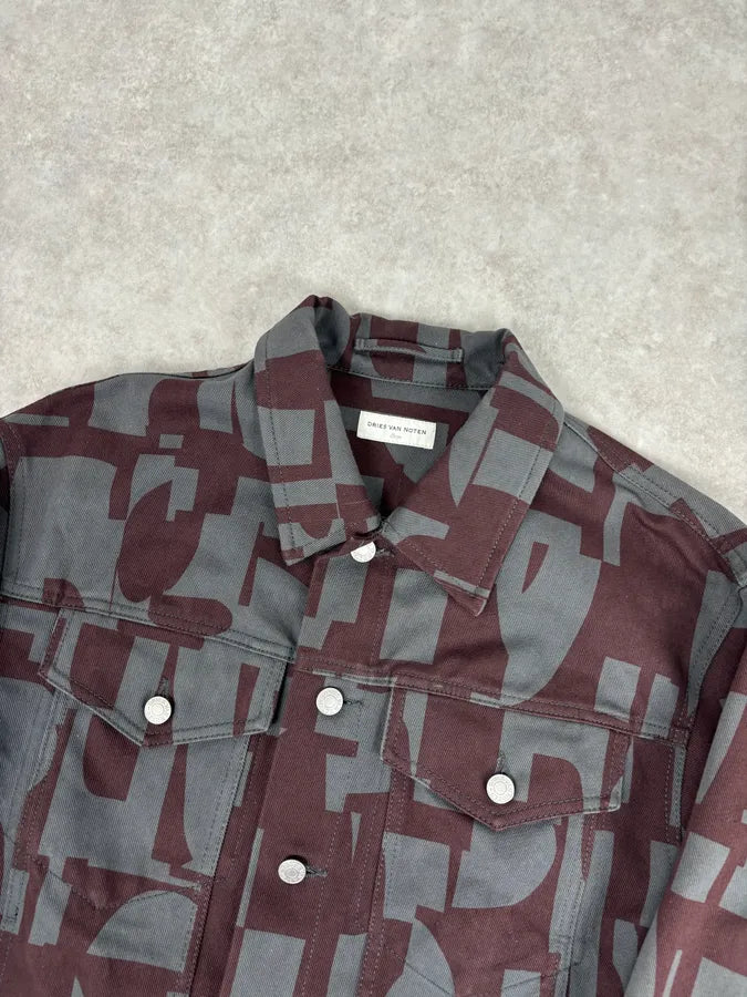 Dries Van Noten Burgundy & Grey Digital Print Denim Jacket HKHmQUi 3