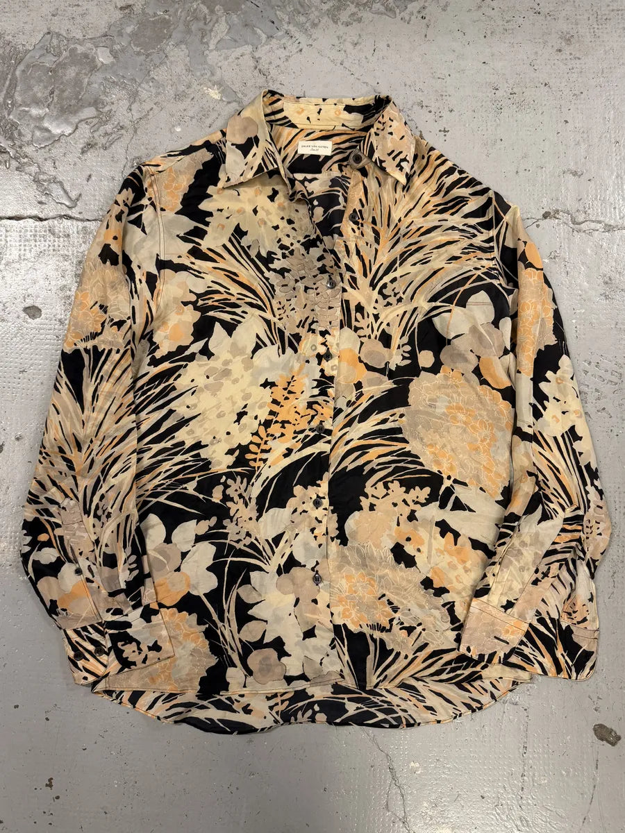 Dries Van Noten Floral Beige & Black Silk Shirt vjxIcVR 0