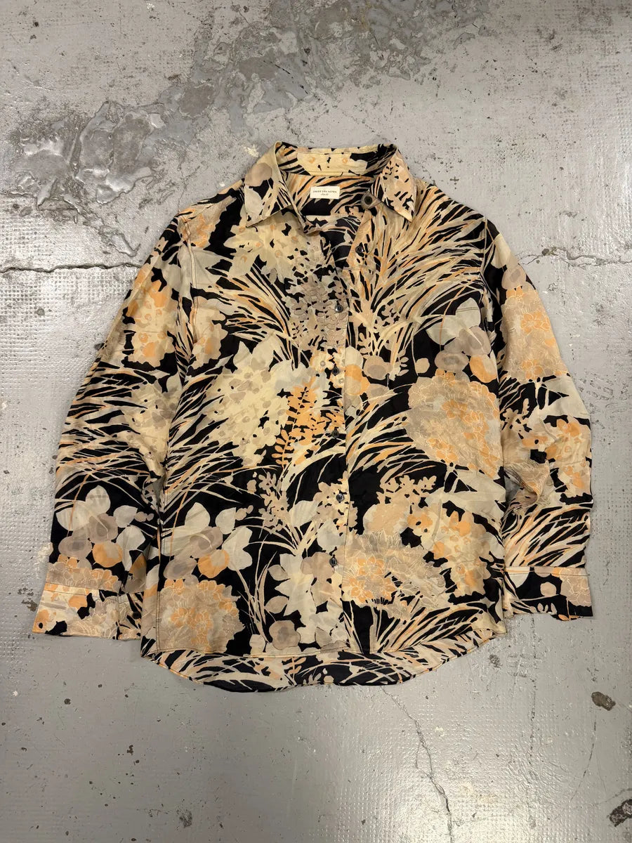 Dries Van Noten Floral Beige & Black Silk Shirt vjxIcVR 9