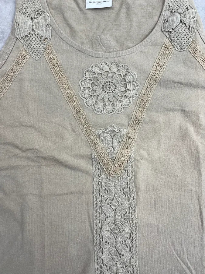 2000s Dries Van Noten Khaki Cotton Lace Embroidered Tank Top XZOhmDC 5