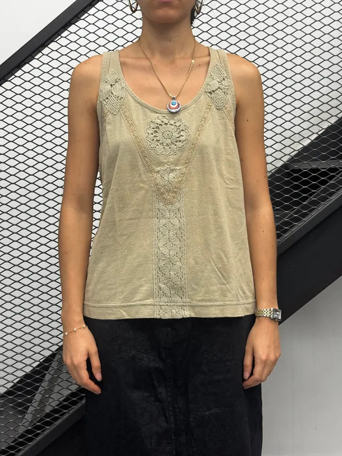 2000s Dries Van Noten Khaki Cotton Lace Embroidered Tank Top XZOhmDC 0