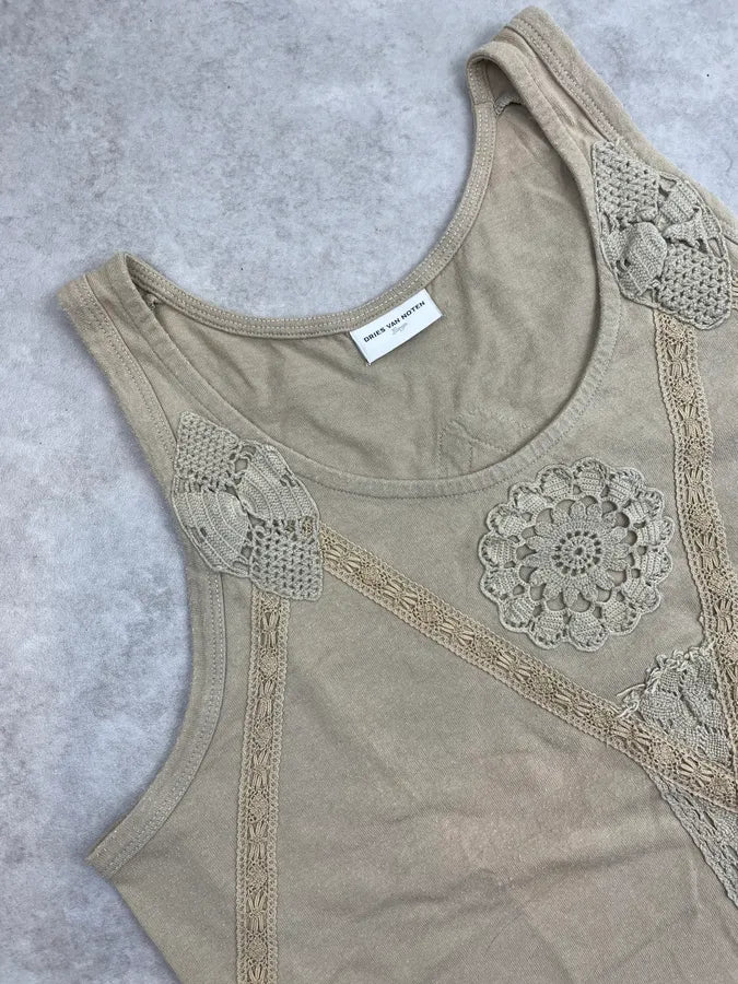2000s Dries Van Noten Khaki Cotton Lace Embroidered Tank Top XZOhmDC 6