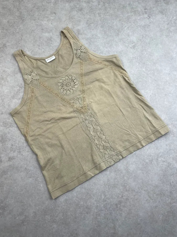 2000s Dries Van Noten Khaki Cotton Lace Embroidered Tank Top XZOhmDC 3